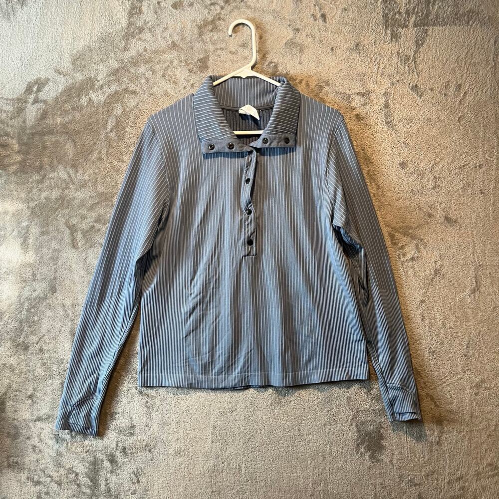 Athleta Flurry Seamless Henley Long Sleeve Pullover Stripped Blue/Grey Size‎ XL